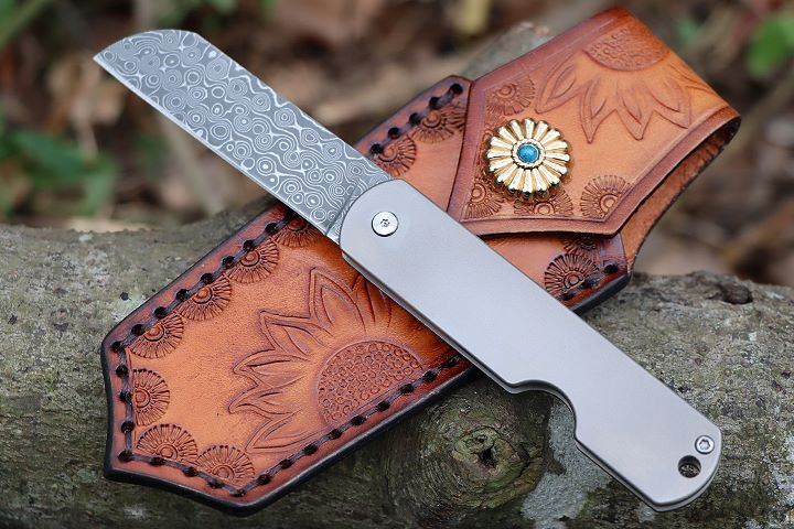 Portable no lock Damascus Small Fruit Knife with leather bag UD407691